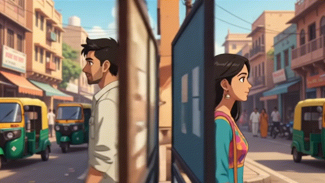 Animated illustration of the couple on a busy street